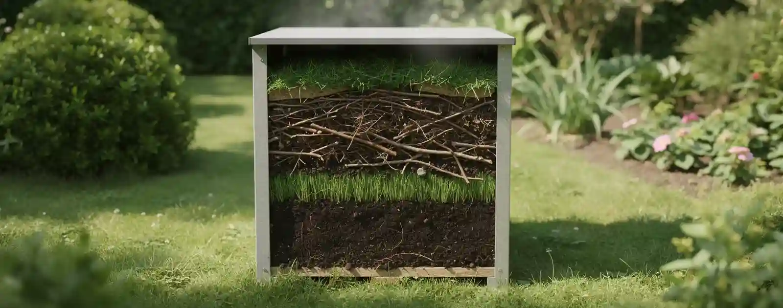 Na zdjęciu znajduje się kompostownik ogrodowy wypełniony warstwami skoszonej trawy i gałęzi, otoczony zielonymi roślinami w ogrodzie. Trawa, jako materiał organiczny, wzbogaca glebę, pełniąc funkcję naturalnego nawozu oraz przyczyniając się do zwiększenia zawartości próchnicy.